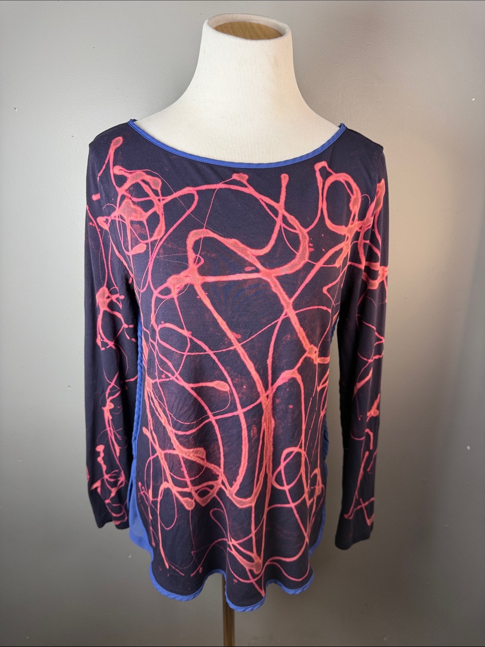 Women’s Navy Blue Long Sleeve Top with Coral Abstract Print